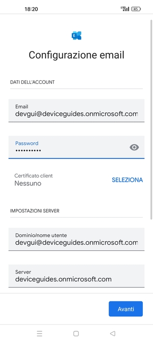 Inserisci Nome utente e l'indirizzo del server Exchange. Seleziona Avanti