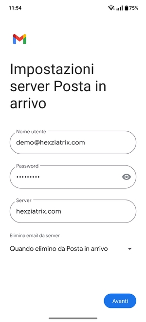 Inserisci Nome utente e l'indirizzo del server di posta in arrivo. Seleziona Avanti