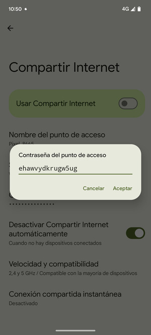 Introduzca una contraseña de punto de acceso Wi-Fi de al menos 8 caracteres y seleccione Aceptar