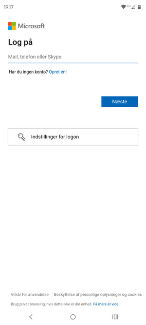 Indtast din e-mailadresse og vælg Næste