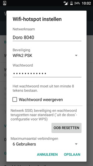 Voer een wachtwoord van een WiFi-hotspot in van ten minste 8 tekens en selecteer OPSLAAN