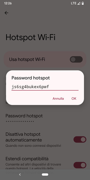 Inserisci una password dell'hotspot Wi-Fi di almeno 8 caratteri e seleziona OK