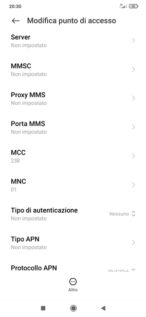 Scorri verso il basso e inserisci le informazioni di internet