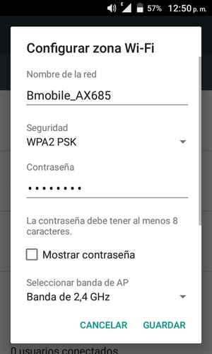 Introduzca una contraseña de punto de acceso Wi-Fi de al menos 8 caracteres y seleccione GUARDAR