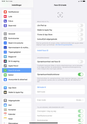 Scroll ned og vælg Face ID & kode