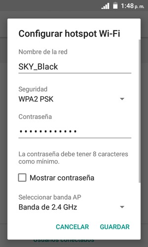 Introduzca una contraseña de punto de acceso Wi-Fi de al menos 8 caracteres y seleccione GUARDAR