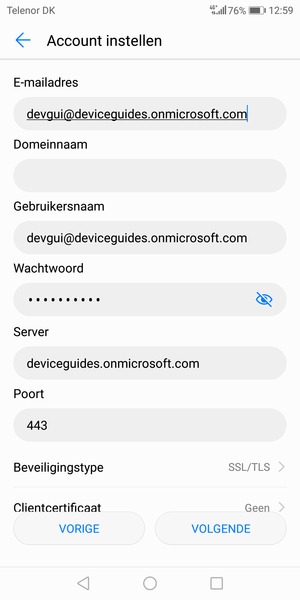Voer Exchange serveradres in en selecteer VOLGENDE