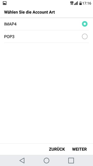 Wählen Sie IMAP4 oder POP3 und wählen Sie WEITER