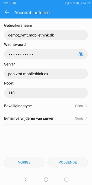 Voer Gebruikersnaam en binnenkomend serveradres in. Selecteer VOLGENDE