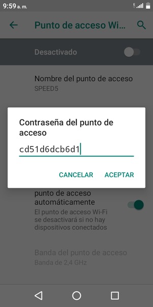 Introduzca una contraseña de punto de acceso Wi-Fi de al menos 8 caracteres y seleccione ACEPTAR