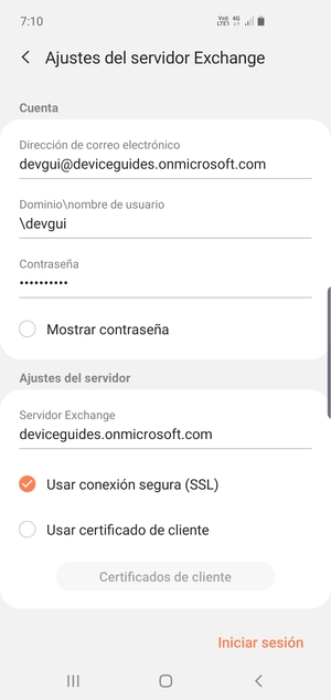 Introduzca Nombre de usuario y la dirección de servidor Exchange. Seleccione Iniciar sesión