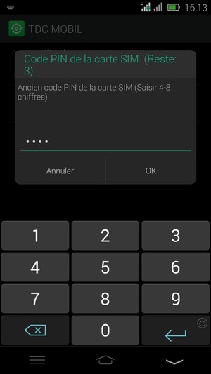 Saisissez votre Ancien code PIN de la carte SIM et sélectionnez OK