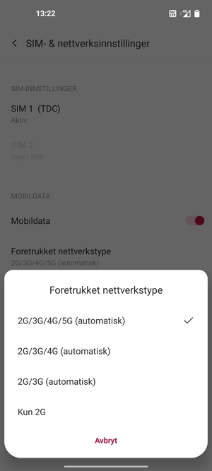 Velg ønsket alternativ