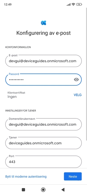 Skriv inn Brukernavn og Exchange serveradresse. Velg Neste
