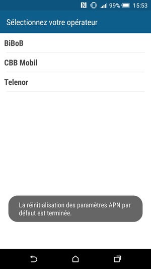 Votre téléphone va être réinitialisé avec les paramètres Internet et MMS par défaut.