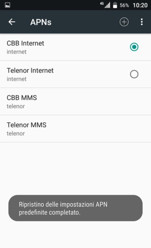 Le impostazioni del tuo telefono saranno ripristinate secondo le impostazioni internet e MMS predefinite