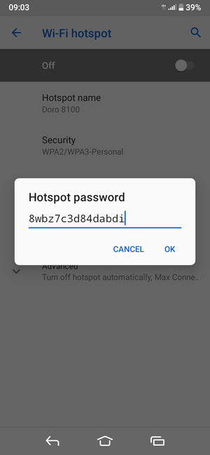 Enter a Wi-Fi hotspot password of at least 8 characters and select OK