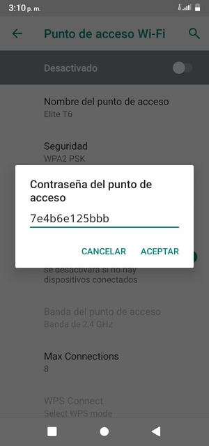 Introduzca una contraseña de punto de acceso Wi-Fi de al menos 8 caracteres y seleccione ACEPTAR