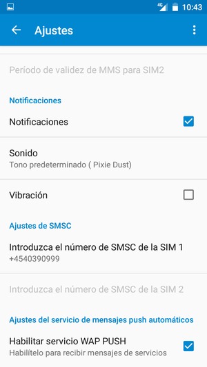 Desplácese y seleccione Introduzca el número de SMSC de la SIM