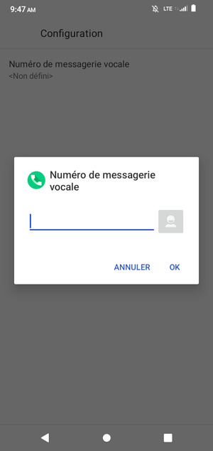 Saisissez le Numéro de messagerie vocale et sélectionnez OK
