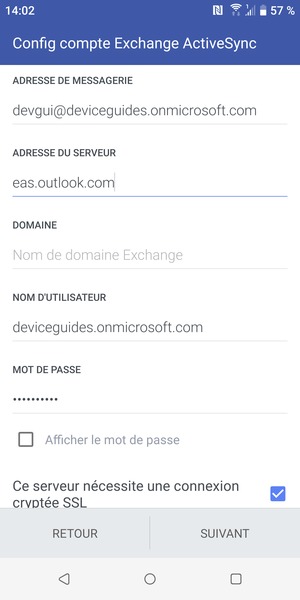Saisissez votre Nom d'utilisateur et l'adresse du serveur Exchange. Sélectionnez SUIVANT