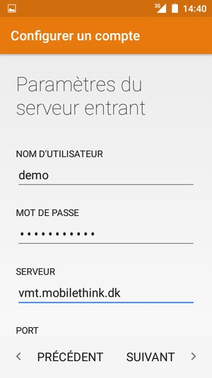 Saisissez votre Nom d'utilisateur et l'adresse du serveur entrant. Sélectionnez SUIVANT