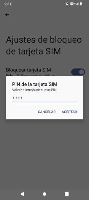 Confirme su nuevo PIN de tarjeta SIM y seleccione ACEPTAR