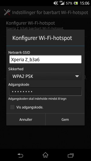 Indtast en Wi-Fi-hotspot adgangskode på minimum 8 tegn og vælg Gem