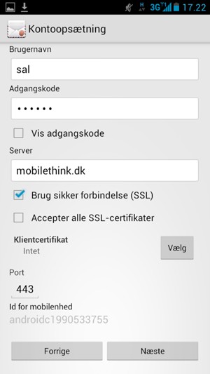 Indtast Exchange serveradressen. Vælg Næste