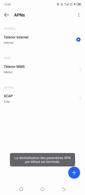 Votre téléphone va être réinitialisé avec les paramètres Internet et MMS par défaut