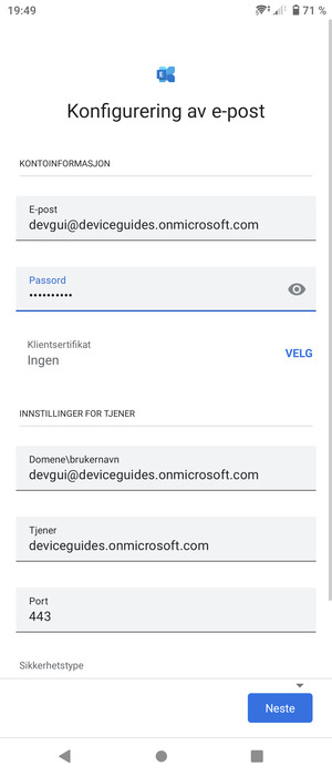 Skriv inn Brukernavn og Exchange serveradresse. Velg Neste