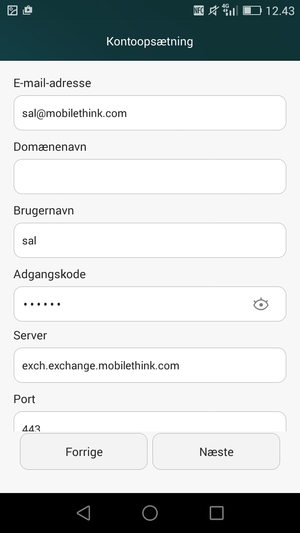 Indtast Exchange serveradresse og vælg Næste