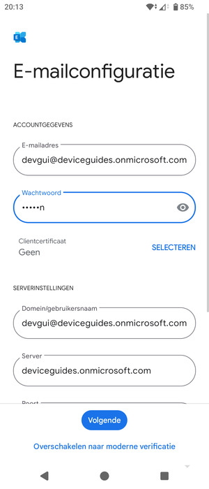 Voer Gebruikersnaam en Exchange serveradres in. Selecteer Volgende