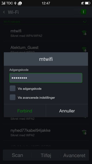 Indtast Wi-Fi adgangskoden og vælg Forbind