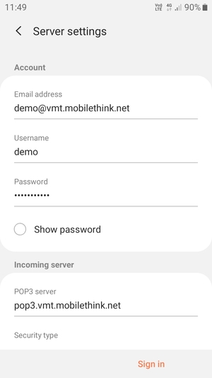Enter Username and Incoming server address