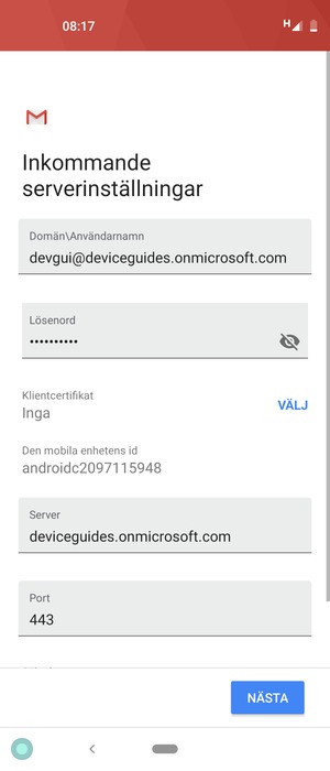 Ange Användarnamn och Exchange serveradress. Välj NÄSTA