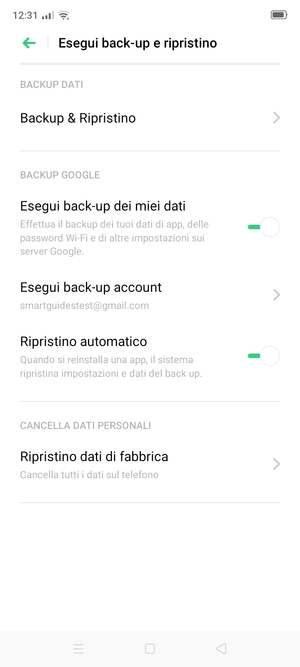 Seleziona Esegui back-up account
