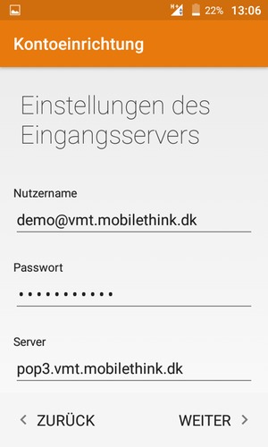 Geben Sie Nutzername und Eingangs Server-Adresse ein. Wählen Sie WEITER