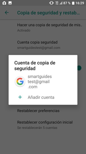 Seleccione su cuenta de copia de seguridad