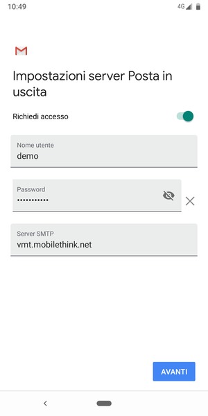 Inserisci l'indirizzo del server di posta in uscita