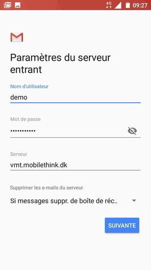 Saisissez votre Nom d'utilisateur et l'adresse du serveur entrant. Sélectionnez SUIVANTE
