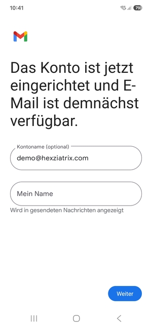 Geben Sie Ihrem Konto einen Namen und geben Sie Ihren Namen ein. Wählen Sie Weiter