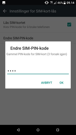 Skriv inn Gammel PIN-kode for SIM-kort og velg OK