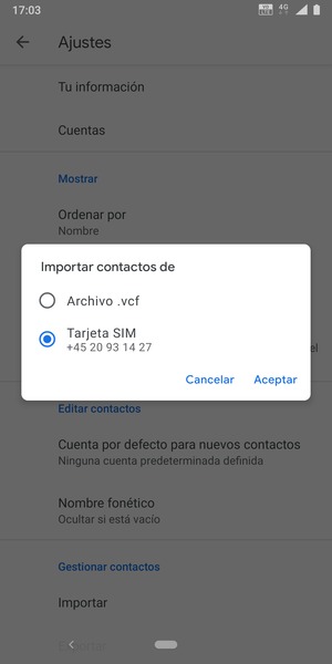 Seleccione Tarjeta SIM y Aceptar