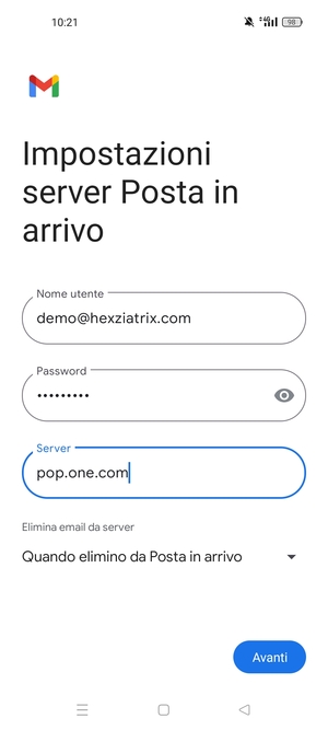 Inserisci Nome utente e l'indirizzo del server di posta in arrivo. Seleziona Avanti