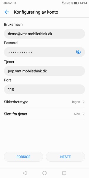 Skriv inn Brukernavn og innkommende serveradresse. Velg NESTE