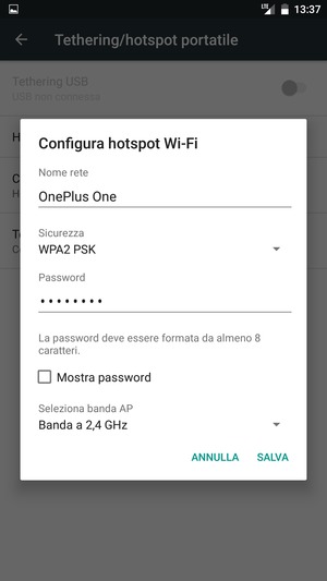 Inserisci una password dell'hotspot Wi-Fi di almeno 8 caratteri e seleziona SALVA