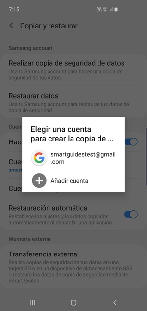 Seleccione su cuenta de copia de seguridad