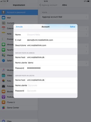 Inserisci le informazioni dell'email per SERVER POSTA IN USCITA e seleziona Salva