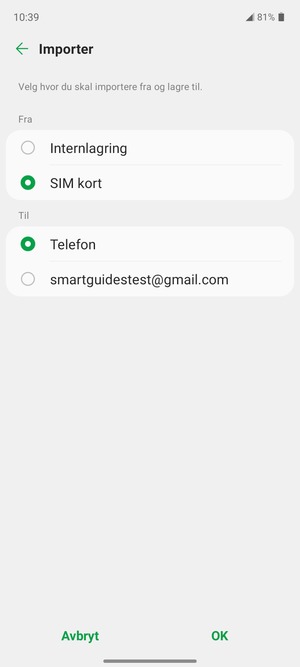 Velg Google-konto og velg OK